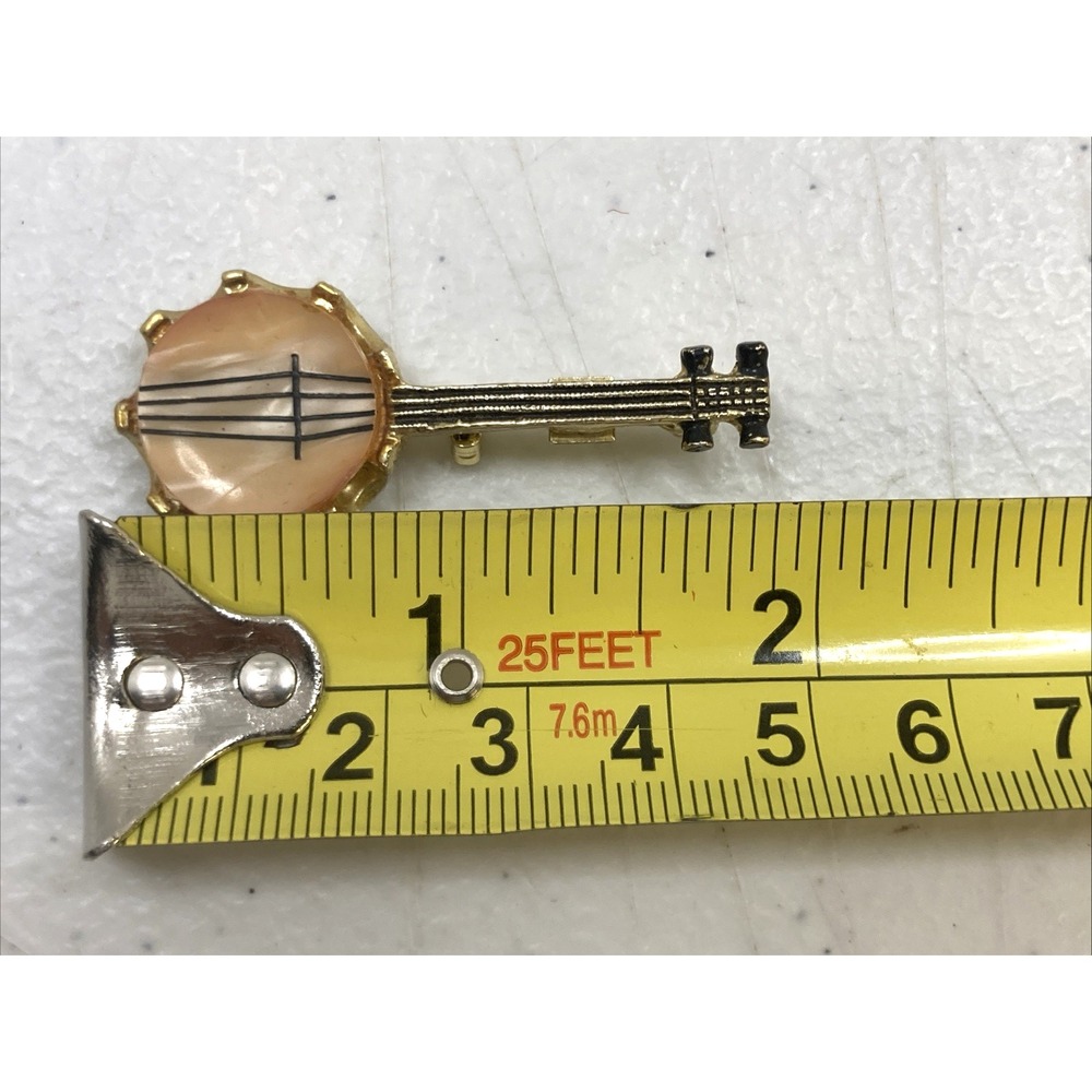 Vintage Pin Banjo Figural Mother of Pearl Brooch Estate Mid Century 1.5" - Picture 7 of 7